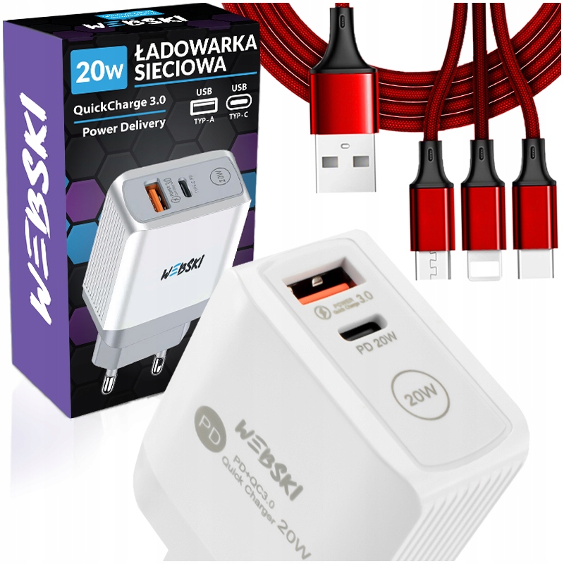 Univerzálna nabíjačka rýchle nabíjanie 20W + USB kábel - USB typ C / microUSB / Lightning Webski 1,2 m